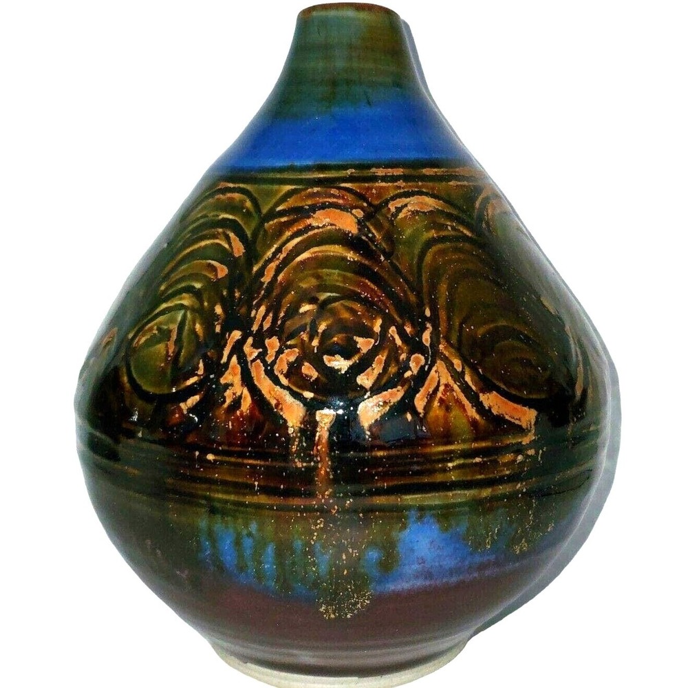 Fine Art Pottery Vase Eckles Brown Blue Olive Squat‎ Vessel Studio Ceramic Retro